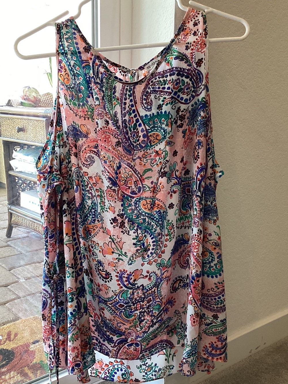 Sioni Pink Paisley Cold-Shoulder Tank with Teal & Purple Accents